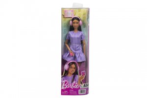 Barbie Fashionistas Modelka ve fialových proužkatých šatech